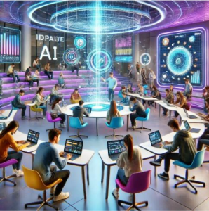 OpenAI. (2024). Futuristic university classroom with AI integration and collaborative learning [Generación de imagen]. DALL·E.